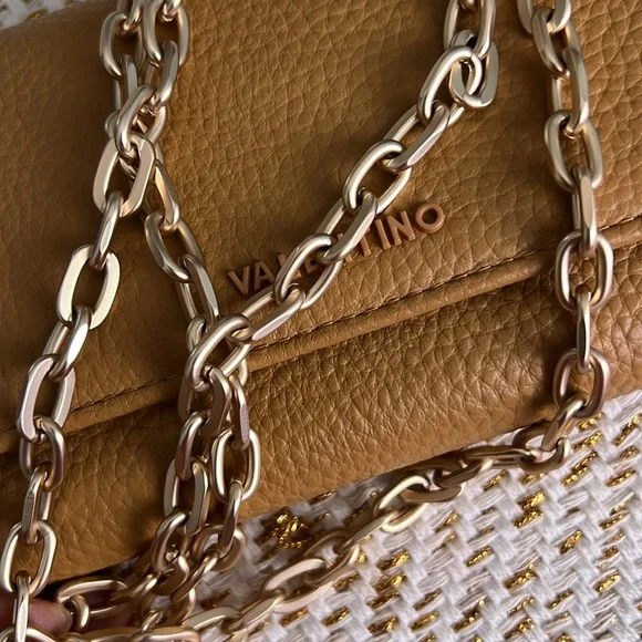 Valentino by Mario Brown Pebbled Leather Clutch with Chain Strap